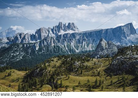 View Over Passo Di Giau Mountains, Croda Da Lago, Formin Of Europe Alps, Dolomites, Italy