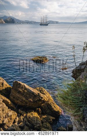 View Of The Sea Bay And Ship In The Village Novyi Svit In The Crimea In Autumn