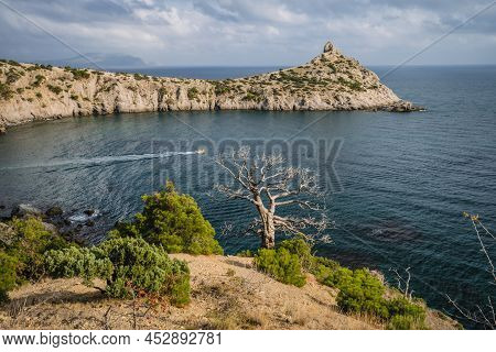 Panorama Of Cape Kapchik Near Coastline Of Black Sea. Shape Of Mountain Reminds Sleeping Animal, Fac