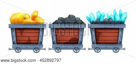 Mine Cart Vector Set, Diamond Wagon Kit, Golden Nuggets Carriage, Old Coal Game Trolley Illustration