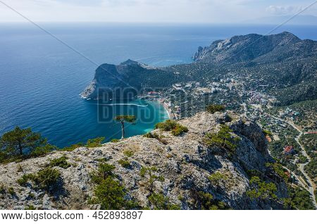 Novyi Svit Town In Crimea. View From The Top Of Falcon Sokol Mountain