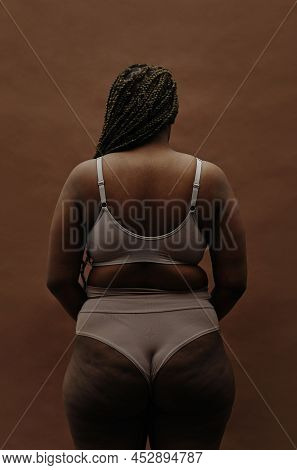 Rear View Of African Girl With Plump Figure Standing In Underwear Against The Brown Background
