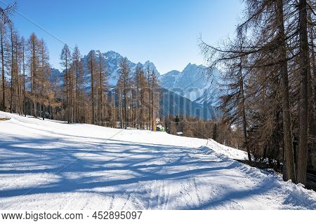 View Of Shadow Falling On Snow Covered Land By Trees On Mountain Against Sky