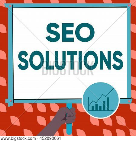Text Sign Showing Seo Solutions. Business Showcase Search Engine Result Page Increase Visitors By Ra
