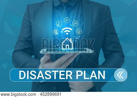 Writing Displaying Text Disaster Plan. Business Approach Respond To Emergency Preparedness Survival 