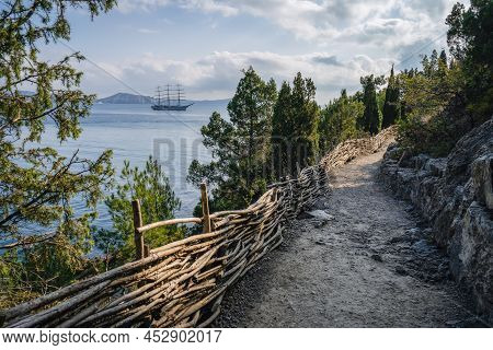 View Of The Sea Bay And Ship In The Village Novyi Svit In The Crimea In Autumn