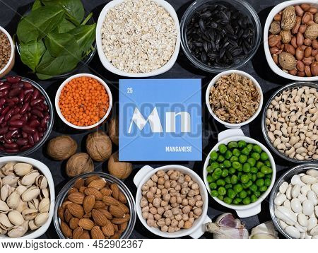A Set Of Natural Products Rich In Manganese. Organic Manganese Sources. Healthy Food Concept. Cardbo