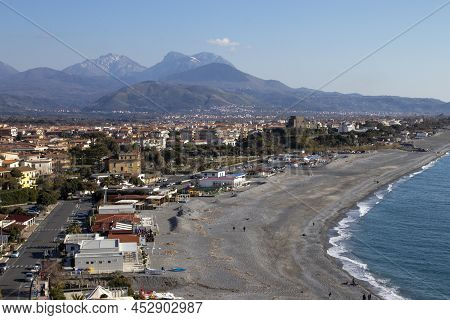 View Of The City Of Scalea In Italy, Calabria From A Height. City In The Province In The Summer On A