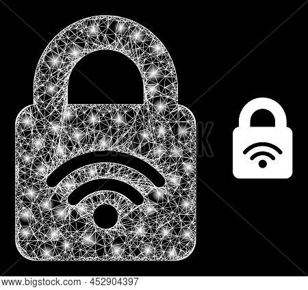 Glowing Net Locked Wi-fi With Light Spots. Linear Frame Flat Mesh Generated With Crossing White Line