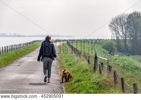 Young Woman Walks Her Dog On Top Of A Dutch Dike Along The Haringvliet, A Former Estuary In The Prov