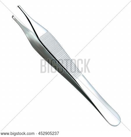 Microsurgical Tweezers. Manual Surgical Instrument. Surgery And Medicine. Isolated Object On A White