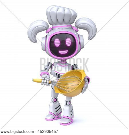 Cute Pink Girl Robot With Cooking Hat 3d Rendering Illustration Isolated On White Background