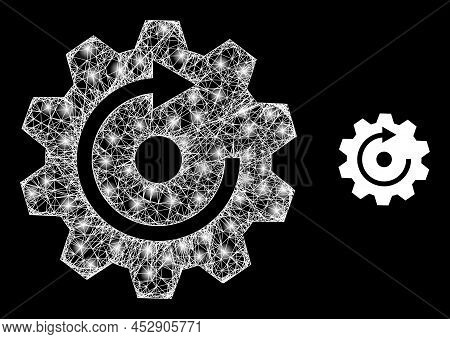 Flare Network Rotate Gear With Lightspots. Linear Frame Flat Network Generated With Intersected Whit