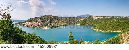 The City On The Bank Of The Artificial Lake In France, Provence, Lake Saint Cross, Gorge Verdone, Az