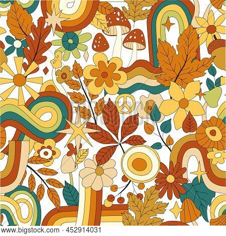 70s Groovy Hippie Retro Seamless Pattern. Vintage Floral Vector Pattern. Wavy Floral Background With