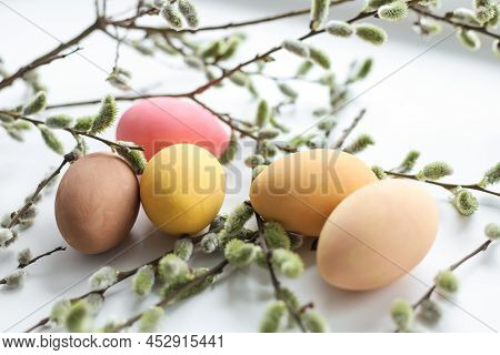 Colored Easter Eggs With A Close-up Of Willow, On A White Background. Holiday Concept