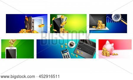 Money Cash Budget And Capital Saving Set Vector. Stock Market And Online Donation, Money Safe And Ge