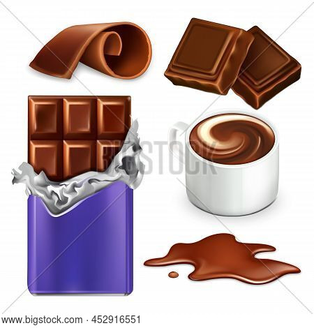 Chocolate Dessert Sweet Food And Drink Set Vector. Hot Cacao Beverage In Cup And Chocolate Bar In Fo