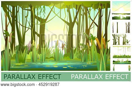Green Summer Forest Landscape. Image From Layers For Overlay With Parallax Effect. Swampy Coast With