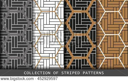 Collection Of Herringbone Parquet Laminate Floor Wall Texture With Honeycomb. Seamless Patterns