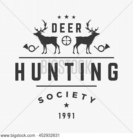 Hunters Club With Deer And Sight Vector Logo. Horned Prey Silhouettes With Vintage Beacons Symbol Ol