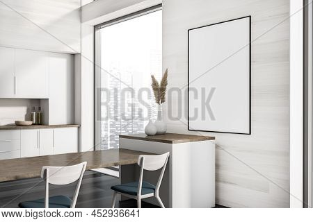 Corner View On Dark Kitchen Room Interior With Empty White Poster, Island With Chairs, Cupboard, Pan