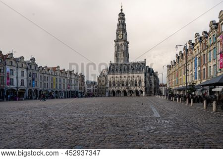 Arras, France - November 4, 2021: Town Square Of Arras, France. Unesco World Heritage Site, The Belf