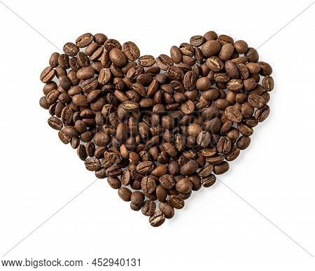 Organic Coffee Beans In A Heart Shape Isolated On White Background. Heart Made Of Whole Roasted Coff