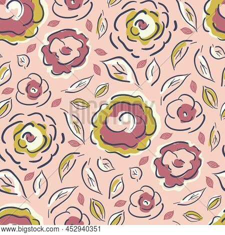 Modern Peony Blossom And Leaves Vector Seamless Pattern Background. Cottage Flower Pink Gold Backdro
