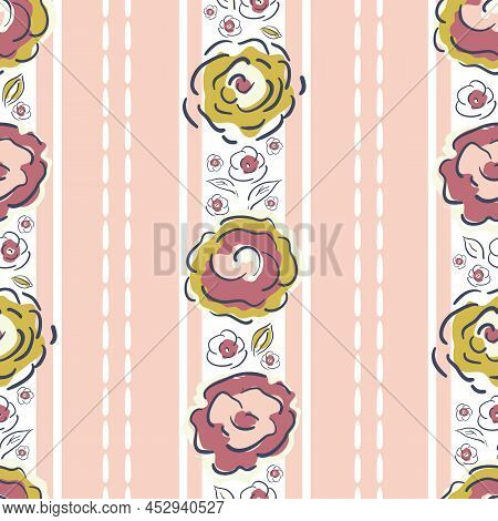 Striped Peony Blossom And Leaves Vector Seamless Pattern Background. Cottage Flower Backdrop With Ve