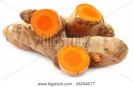 Raw Turmeric over white background