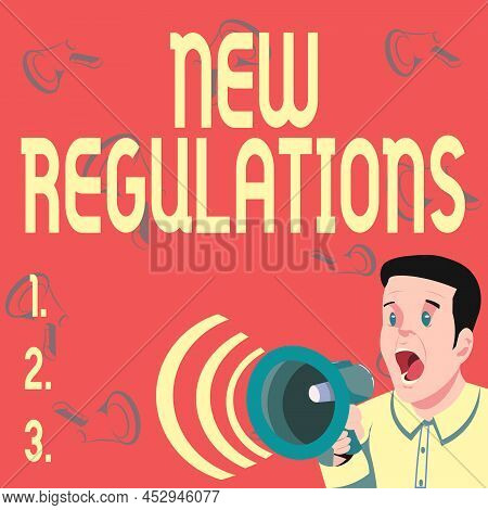Handwriting Text New Regulations. Word For Regulation Controlling The Activity Usually Used By Rules