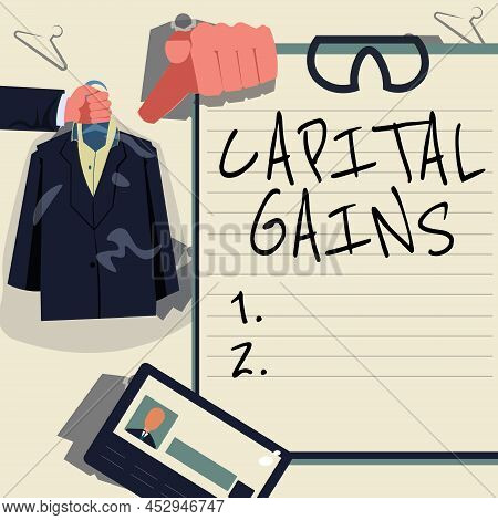 Conceptual Caption Capital Gains. Internet Concept Bonds Shares Stocks Profit Income Tax Investment 