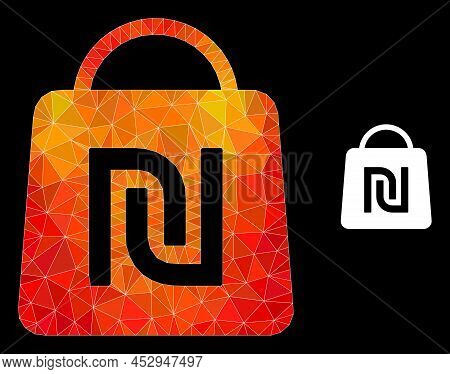 Low-poly Shekel Shopping Bag Icon With Orange Colorful Gradient. Triangulated Orange Vibrant Shekel 