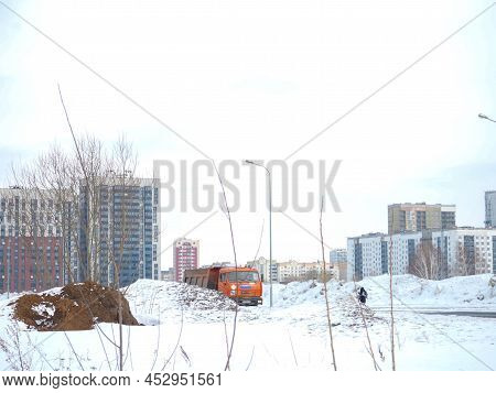 Urban Landscape. Road View. Empty Streets. Large Residential Area Houses. Lonely Person
