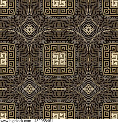 Convex 3d Seamless Pattern. Gold And Black Ornamental Greek Background. Tribal Ethnic Plaid Tartan R