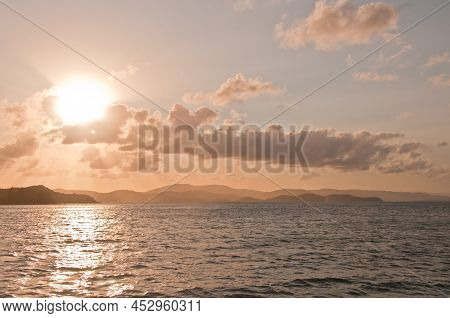 Sunset Scene Of Peaceful Serene Mountain Island In The Pacific Ocean Of Hamilton Island In Queenslan