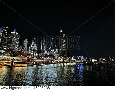 Brisbane, Australia - July 21, 2021: Night Scene Of Brisbane River And City Skyline Landscape Of Sky