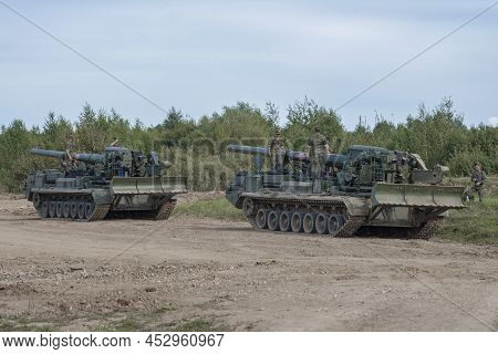 Moscow Region, Russia - August 25, 2020: Two Self-propelled Artillery Mounts 2s7m 