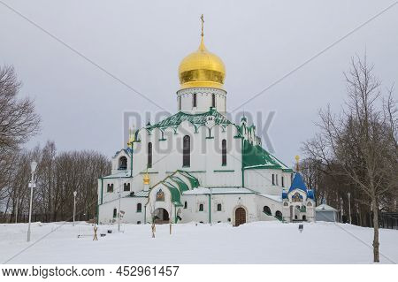 View Of The Old Feodorovsky Sovereign Cathedral In Tsarskoye Selo On A Cloudy March Day. Surrounding