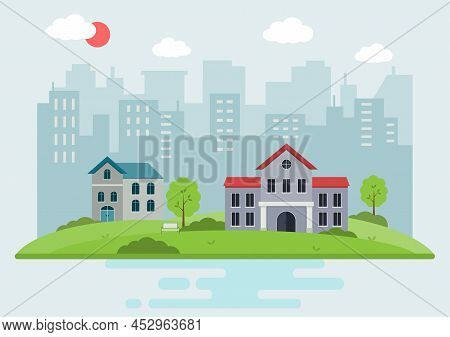 Riverfront Houses On Hills And Lawns With Buildings City Landscape Backgrounds. Cityscape Flat Desig