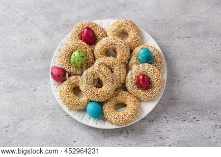 White Plate With Traditional Greek Easter Cookies Koulourakya Or Koulourya Shortbread Rings With Ses