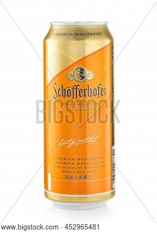 London,uk - March 05,2022: Imported Schofferhofer Wheat Beer On White. Popular Beer From Germany