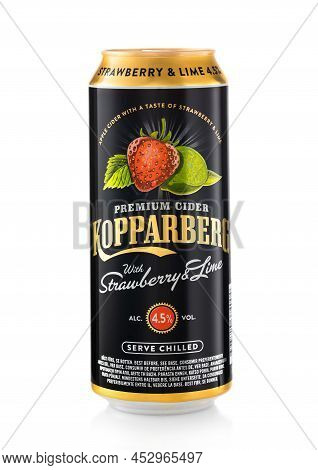 London,uk - February 25,2022: Kopparberg Cider With Strawberry On White. Premium Product Of Sweden