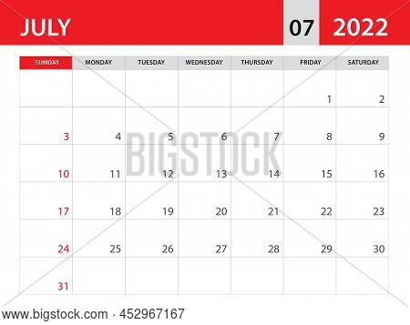 July 2022 Template, Calendar 2022 Template Vector, Planner Monthly Design, Desk Calendar 2022, Wall 