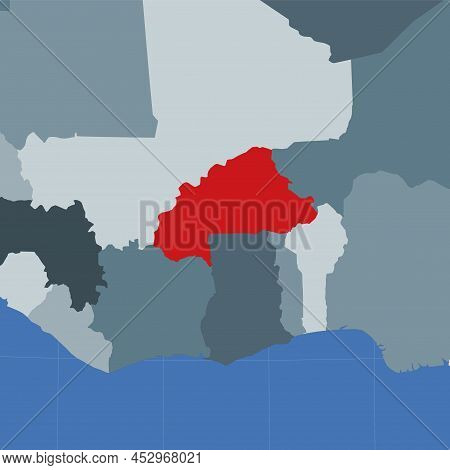 Shape Of The Burkina Faso In Context Of Neighbour Countries. Country Highlighted With Red Color On W