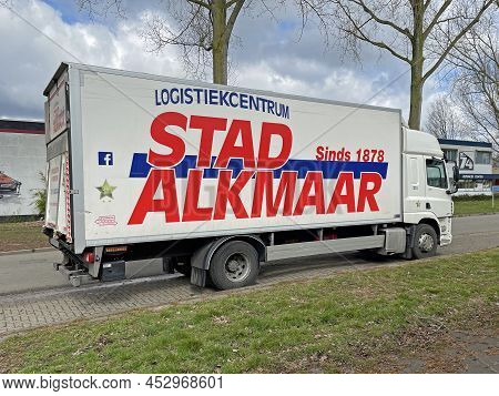 Almere, The Netherland - April 1, 2022: Stad Alkmaar Delivery Truck Parked By The Side Of The Road.