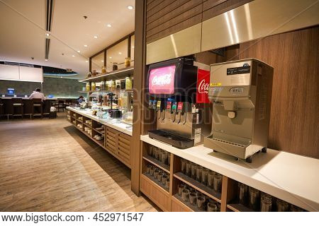 SINGAPORE - CIRCA JANUARY, 2020: beverage soda fountain system at Dnata Lounge in Singapore Changi Airport.