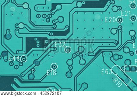 Hard Drive Hdd Printed Wiring Board Pwb Closeup. Conductive Patterns. Turquoise Pc Background. Brigh