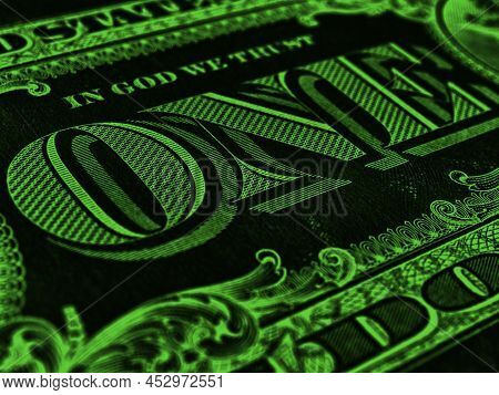 American Paper Money. 1 Us Dollar Bill. Word One Close-up. Dark Green Inverted Background Or Wallpap